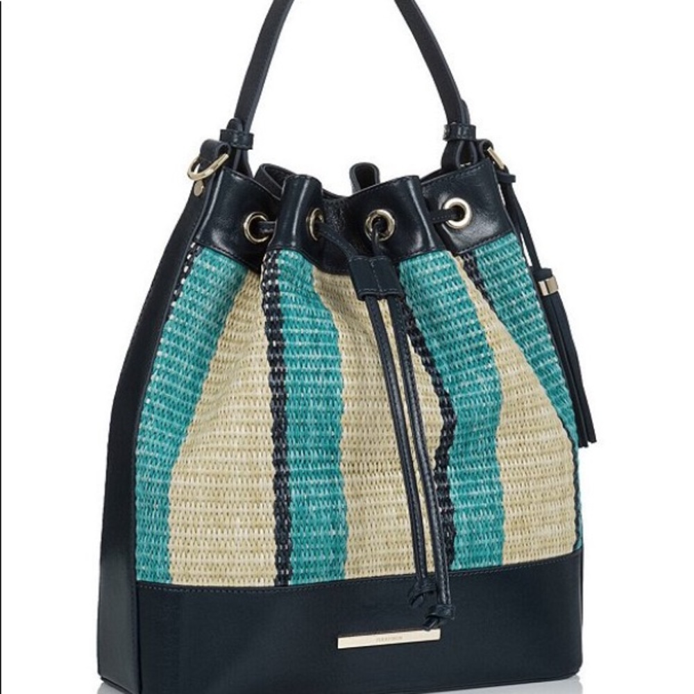BRAHMIN Anguilla Collection Marlowe Striped Drawstring Straw Bucket Shoulder Bag